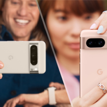 Pixel 8 Pro side by side with the Pixel 8 held by people