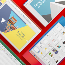 Screen grabs of Microsoft Office apps like Powerpoint overlaid on a bright red background