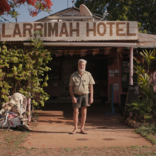 Barry Sharpe, the owner of the Larrimah Hotel & Pub and a beefy pet crocodile