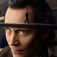 Disney's 'Loki' season 2 promotional poster featuring a spiraling around Loki's head which people running up and down it and a spiraling clock in the background
