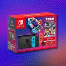 a nintendo switch box with depiction of mario kart 8 on the cover on a colorful purple background