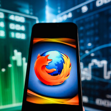A Mozilla Firefox logo displayed on a smartphone with stock market percentages in the background.