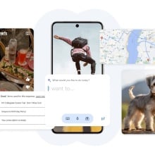 smartphone screens, a map, and an image of a dog in a collection of capabilities that Assistant with Bard can perform