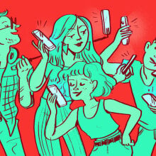 An illustration of people on their phones with selfie sticks and chatting.