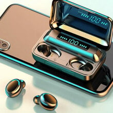 Shiny earbuds in a case