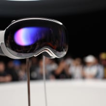 The new Apple Vision Pro headset is displayed during the Apple Worldwide Developers Conference on June 05, 2023 in Cupertino, California