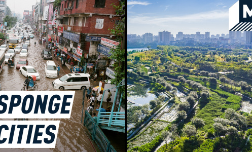 Split screen: on the left, an image shows cars stranded by a urban flood, while the image of the left is of a thriving city with a lot of green space. Caption reads: sponge cities.