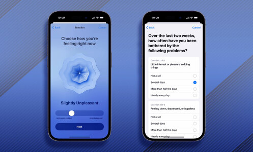 Examples of Apple Health's newest Mental Wellbeing features, viewed as screenshots on an iPhone.