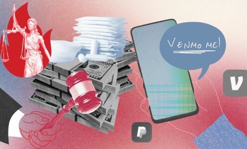 A collage of images including stacks of money, a judge's gavel, menstrual pads, and a hand holding an iPhone.
