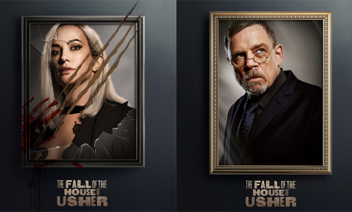 Two side-by-side posters show a blonde woman's portrait with a claw mark running through it and a portrait of a man with glasses.