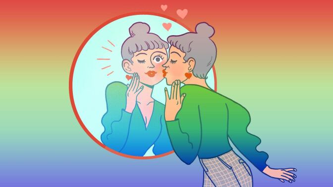 Illustration of a woman blowing herself a kiss in a mirror. 