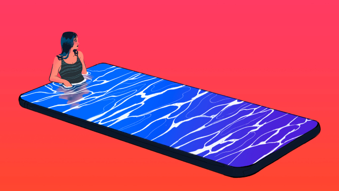 A woman sits in a pool that is the surface of a phone, in this illustration.