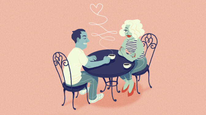 illustrated man and woman sitting at a table drinking coffee