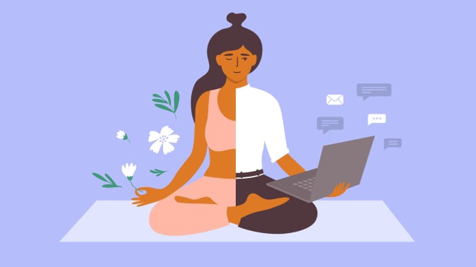 Woman meditating on yoga mat holds laptop and flower in hand. 