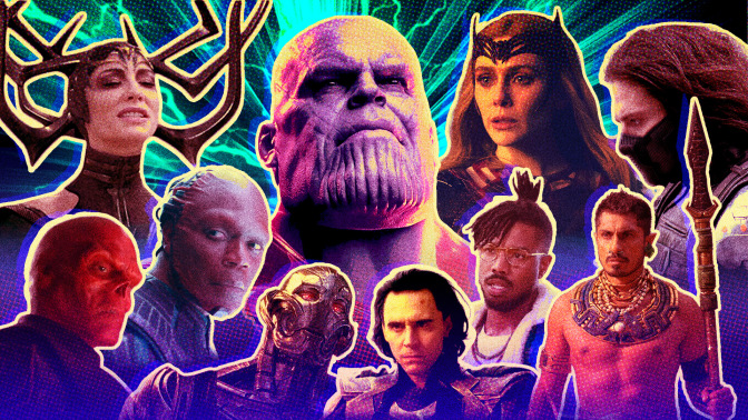 An artful composite featuring Marvel villains from across the cinematic universe, animated with bright colors.