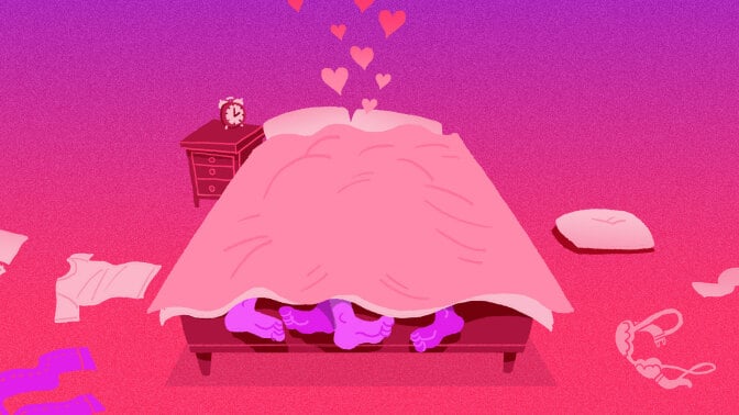 illustration of two people under the covers in bed with clothes strewn around the room