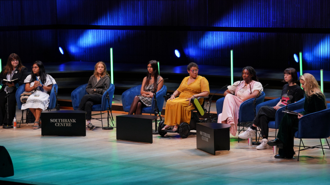 left to right) Ati Viviam Villafana, Greta Thunberg, Mya-Rose Craig and Daphne Frias, Dominique Palmer, Tori Tsui and Alice Aedy in discussion on stage at The Climate Conversation at the Royal Festival Hall, London, where climate activists are meeting to take stock and examine what progress has been made since COP26, ahead of COP28 later this year. Picture date: Sunday July 30, 2023.