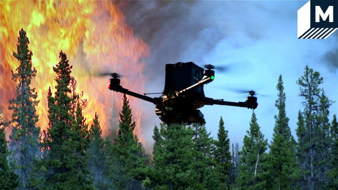 A drone hovering over a wildfire