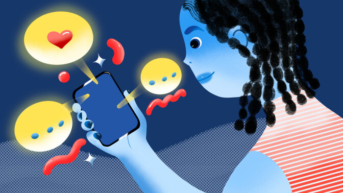Illustration of a person holding a phone with bright text bubbles around it.