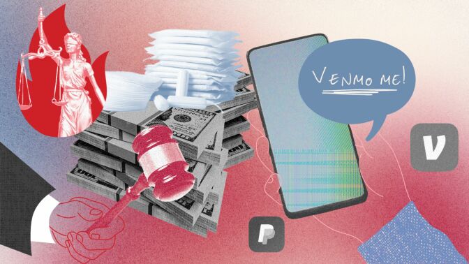 A collage of images including stacks of money, a judge's gavel, menstrual pads, and a hand holding an iPhone.