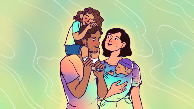 A bright illustration of two people holding two small children. 