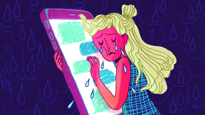 An Illustration that shows a sad woman crying while hugging a human-sized phone.