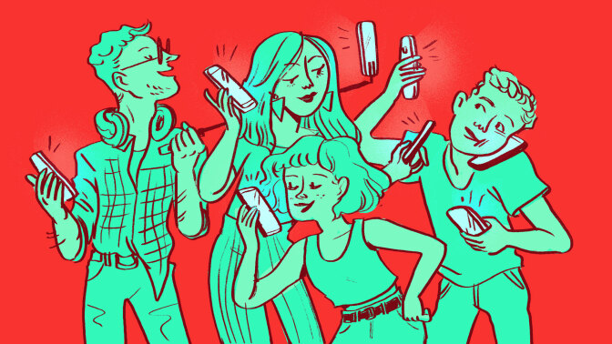 An illustration of people on their phones with selfie sticks and chatting.