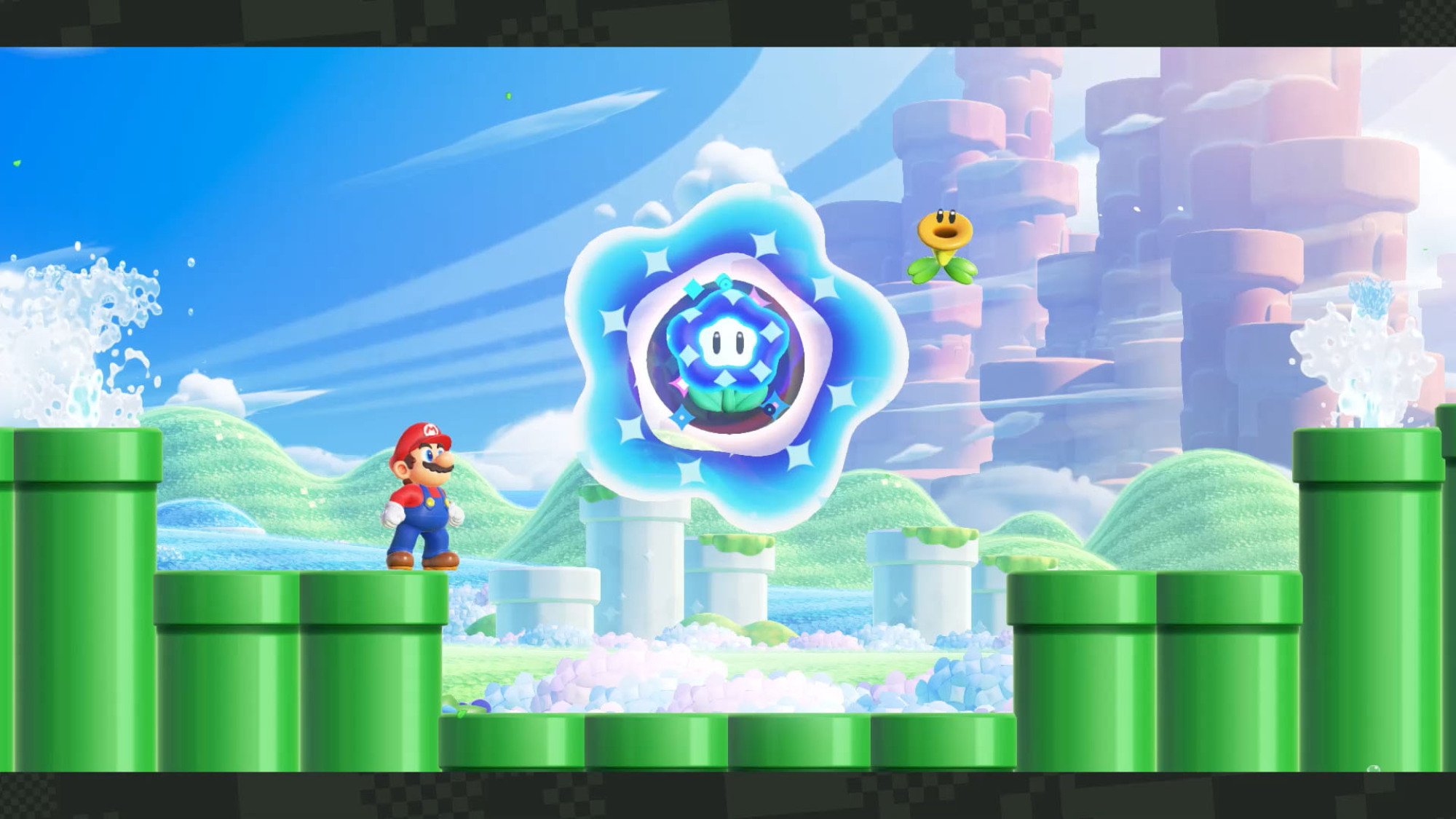 Mario looking at a Wonder Flower in Super Mario Bros. Wonder