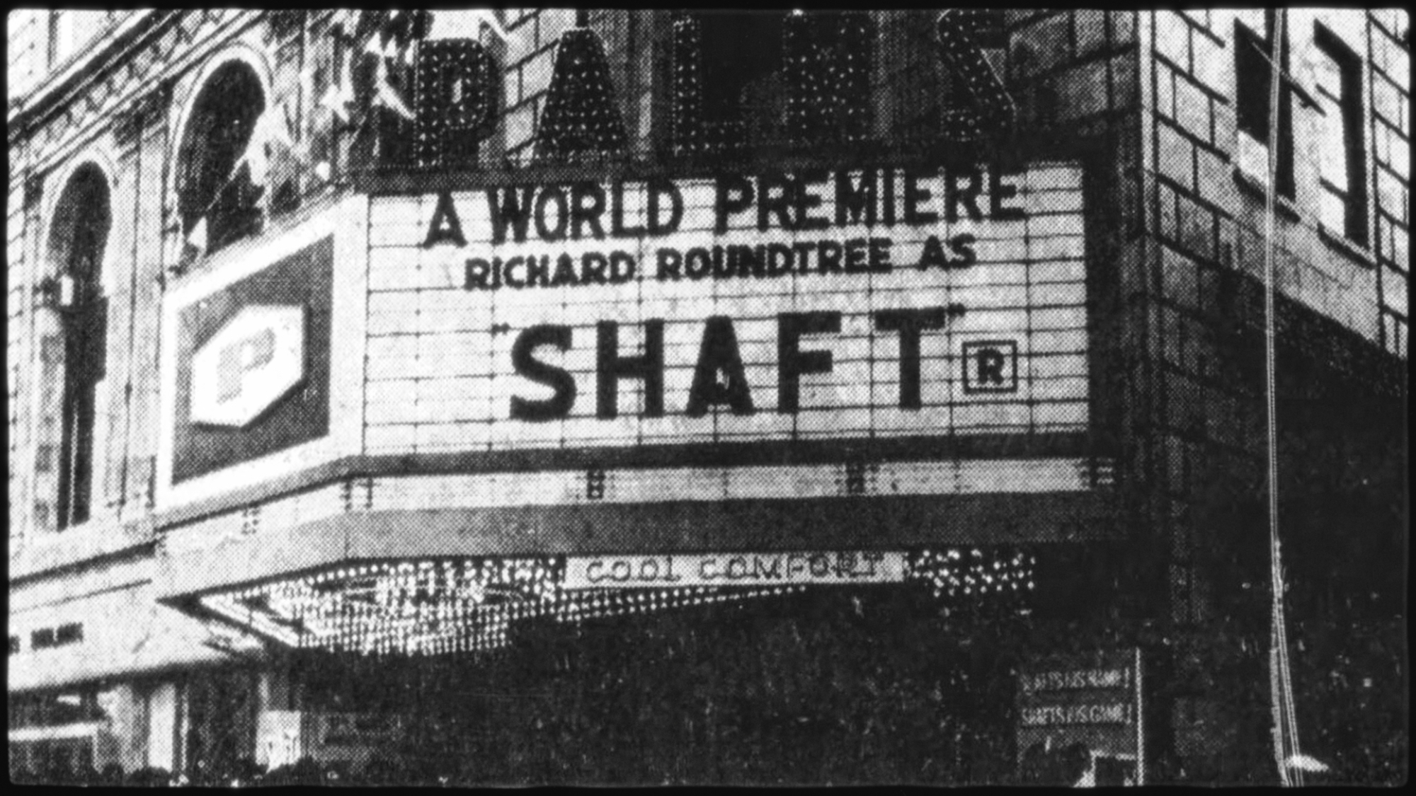 A black and white photo of a cinema showing the world premiere of "Shaft"