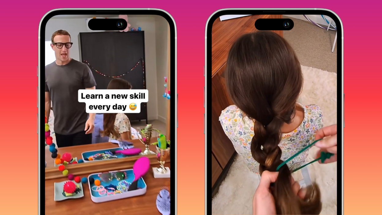 Screenshots from Zuckerberg's video: one of him in the mirror of his daughter bedroom, wearing the Smart Glasses and one of the back of his daughter's head as he braids her hair. The background behind the photos is the same gradient of pinks, reds, and oranges that the Instagram logo uses.