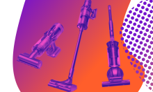 Dyson Humdinger, V11, and Ball Animal 2 vacuums with purple tint on colorful graphic design