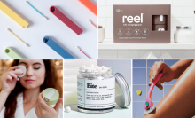 photo collage featuring reusable cotton swabs, bamboo toilet paper, a reusable razor, washable cotton rounds, and toothpaste tables