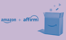 Amazon logo, Affirm logo, and Amazon package with purple and blue tint