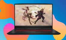 MSI Katana with two characters fighting as a screensaver against a blue background with orange/pink squiggles.