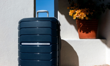 Blue Samsonite hardside suitcase with flower pot in background