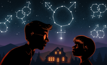 A parent talks to a child with constellations in the background displaying various symbols representing gender identities