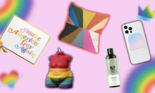 Items from Ash + Chess, CTOAN, Suay Sew Shop, kin+kind, and Flipstik from left to right over a colorful, Pride background.