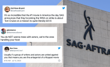 The SAG-AFTRA logo on the outside of its headquarters in LA. Screenshots of tweets from this article have been pasted around the logo.