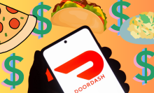 Illustrations of pizza, tacos, pasta, dollar signs, and a hand holding up a phone with the Doordash logo on it — overlaid on a gradient bright background.