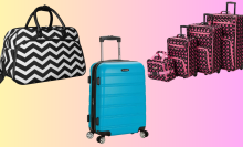 Three pieces of luggage currently on sale at Amazon overlaid on a colorful, gradient background.