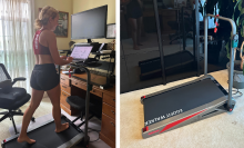 Two side-by-side images of the author using the Egofit under-desk treadmill and the actual treadmill standing on the floor.