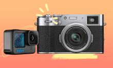 two cameras on yellow-orange background with accent marks
