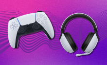 a playstation dualsense wireless controller and a sony inzone gaming headset against a pink and purple gradient background