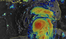 An infrared view from NOAA's GOES-East satellite shows Hurricane Idalia approaching Florida on Aug. 29, 2023.