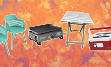 Collage of outdoor fall products, including chairs, a grill, an outdoor table, and a cooler on a background of leaves.