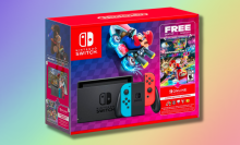 Nintendo Switch Mario Kart 8 Deluxe Bundle package on pastel rainbow background