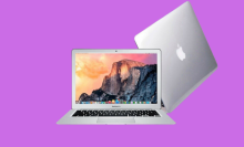 The 2017 MacBook Air in silver shown front and slightly sideways over a purplish background
