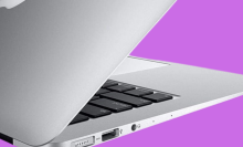 The 2017 MacBook Air positioned sideways, overlaid on a pinkish-purple background.