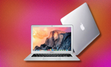 The 2017 MacBook Air shown from two angles, over an orangey-pink background