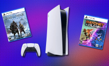 Playstation 5 and two games on a colorful gradient background